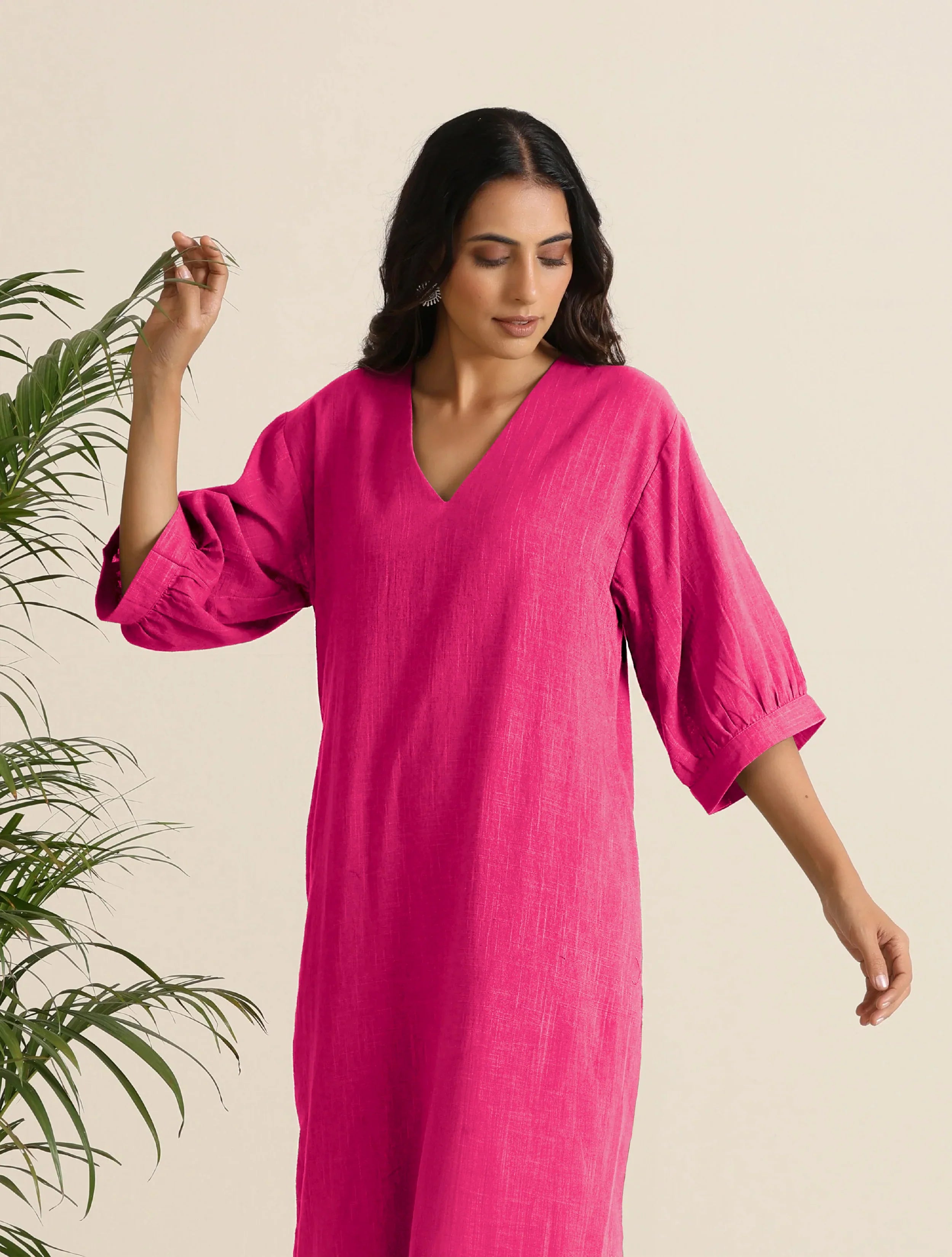 trueBrowns Hot Pink Cotton Blend Long Dress | Grocsy