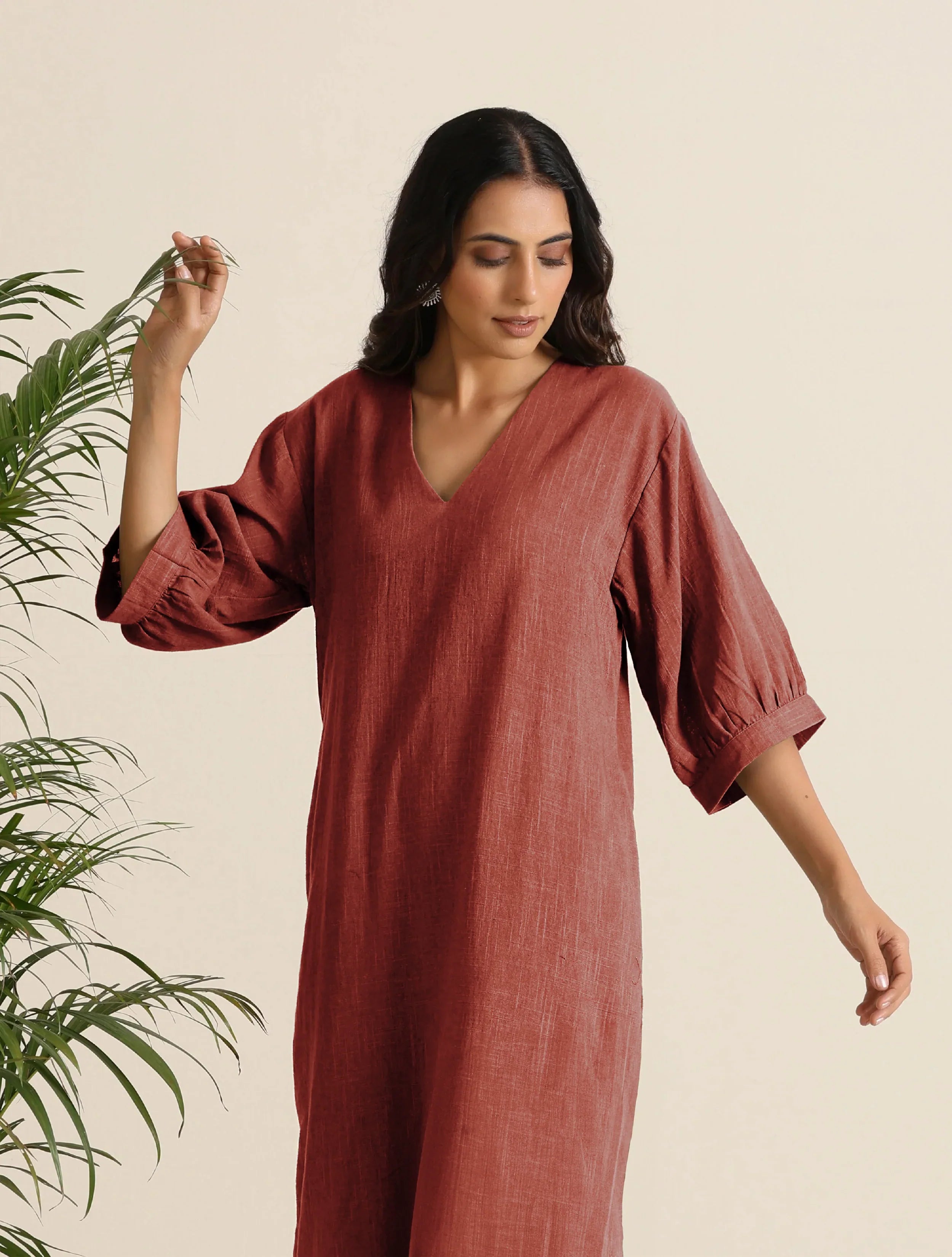 trueBrowns Rust Pink Cotton Blend Long Dress | Grocsy
