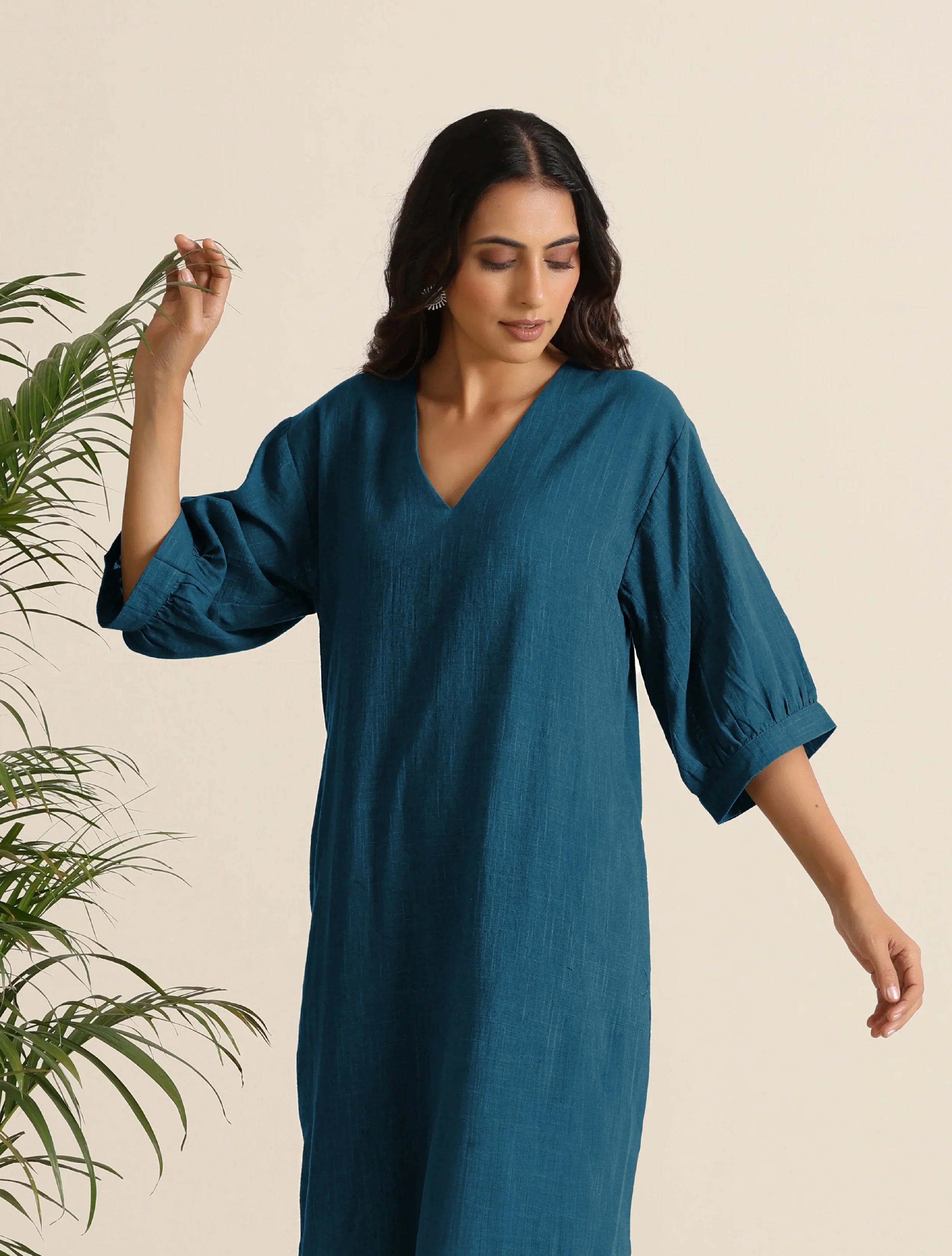 trueBrowns Blue Cotton Blend Long Dress | Grocsy
