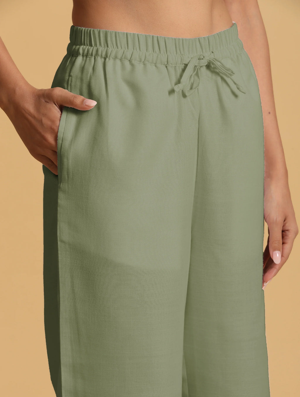 trueBrowns Mint Green Cotton Blend Elasticated Drawstring Straight Pants | Grocsy