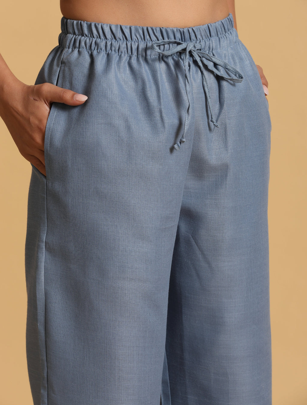 trueBrowns Blue Cotton Blend Elasticated Drawstring Straight Pants | Grocsy