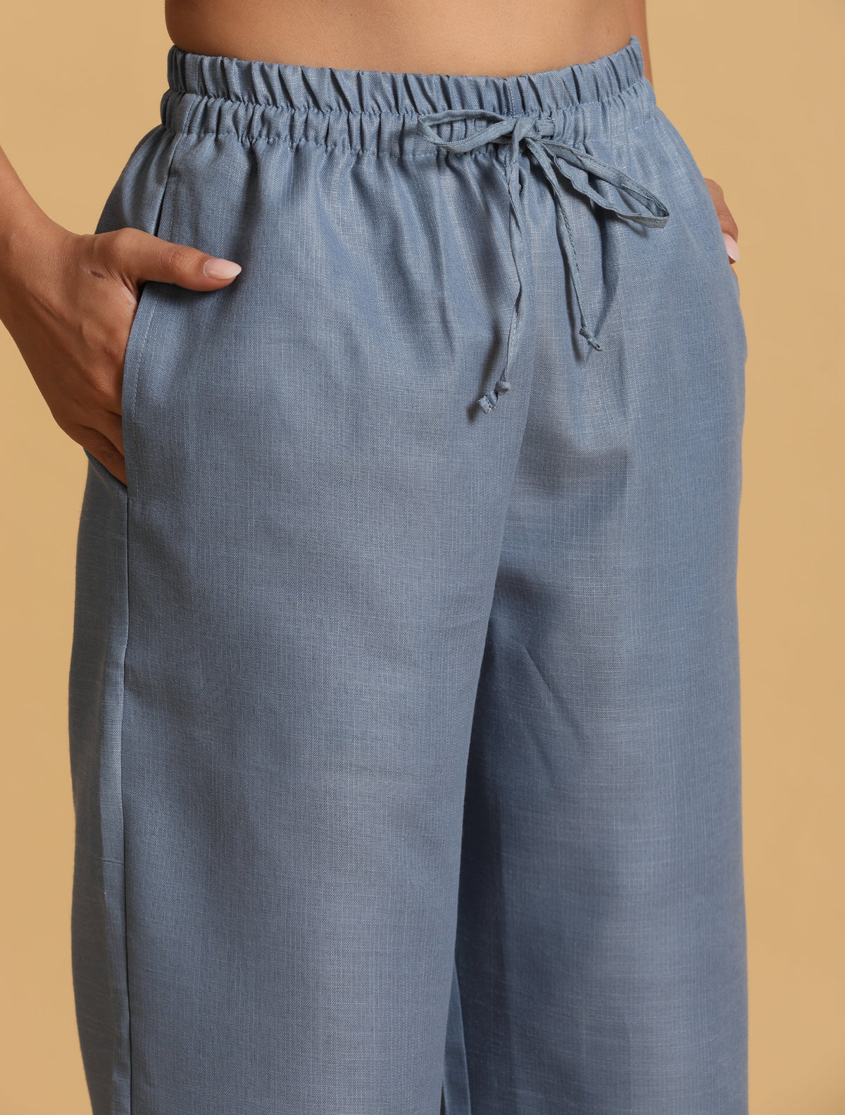 trueBrowns Blue Cotton Blend Elasticated Drawstring Straight Pants | Grocsy