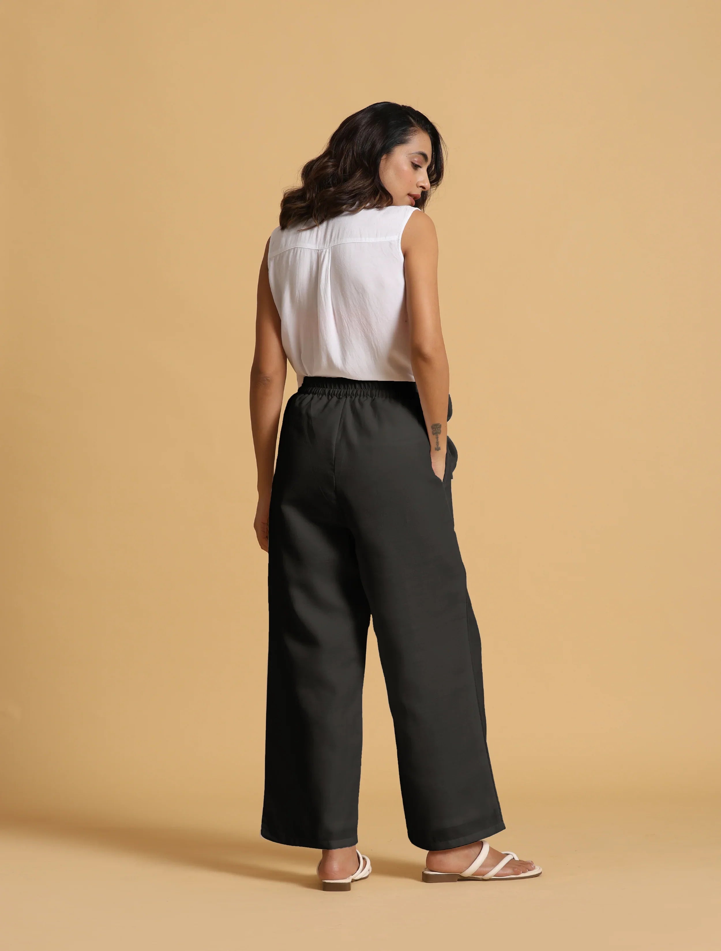 trueBrowns Black Cotton Blend Elasticated Drawstring Straight Pants | Grocsy