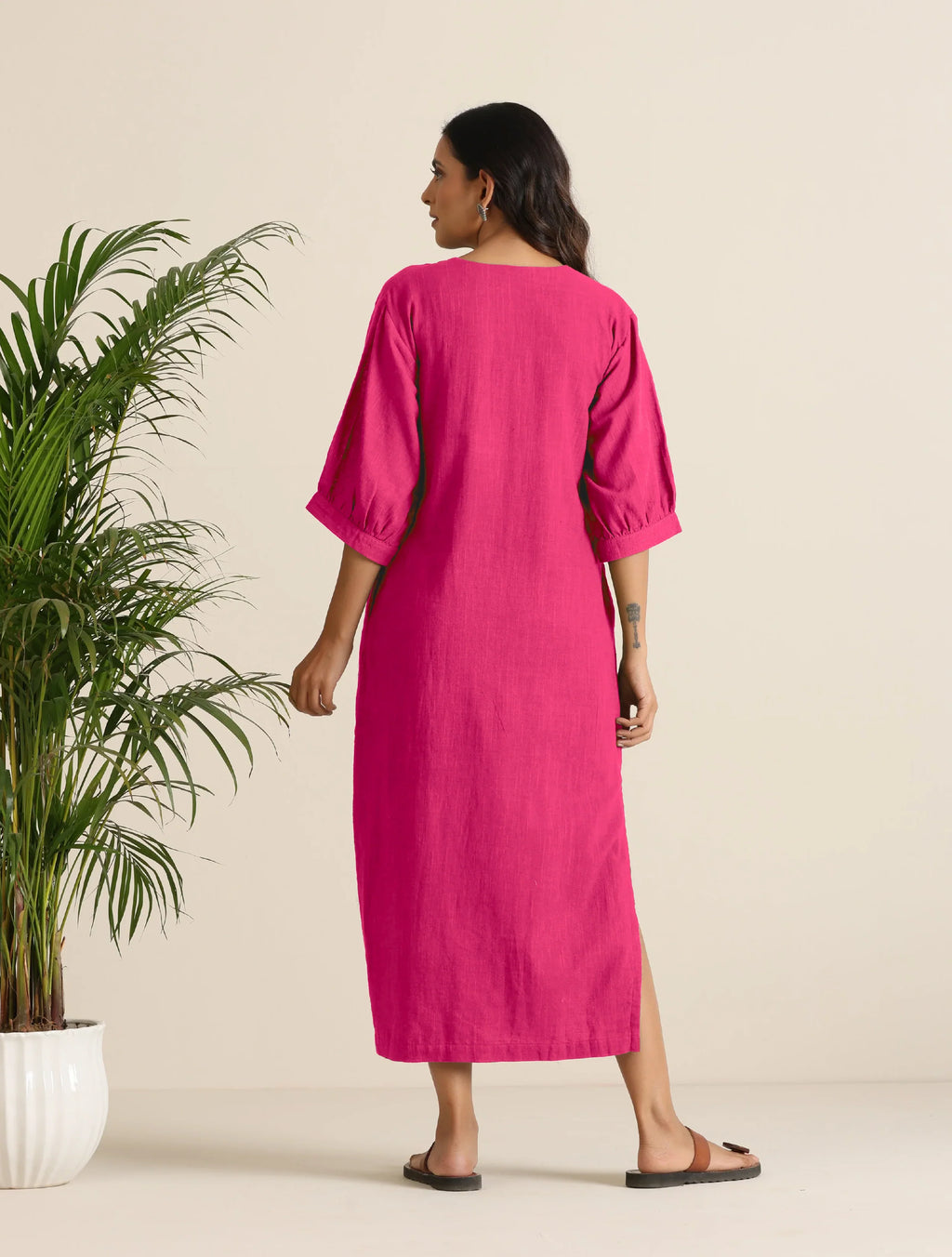 trueBrowns Hot Pink Cotton Blend Long Dress | Grocsy