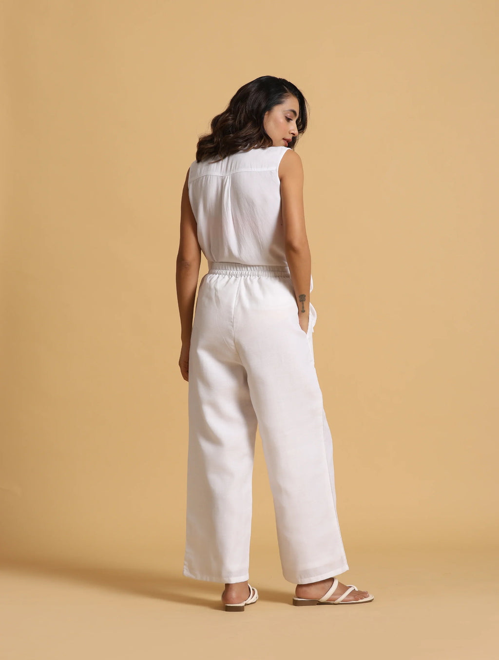 trueBrowns White Cotton Blend Elasticated Drawstring Straight Pants | Grocsy