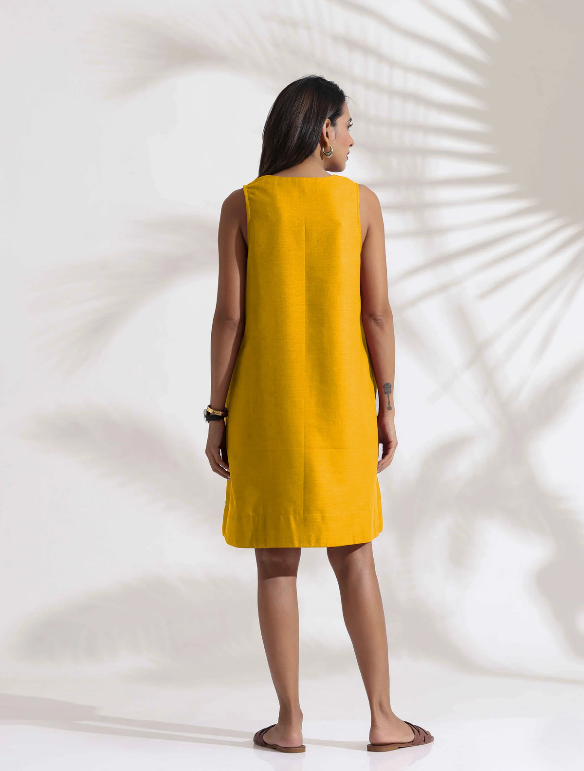 trueBrowns Mustard Cotton Blend Short Dress | Grocsy