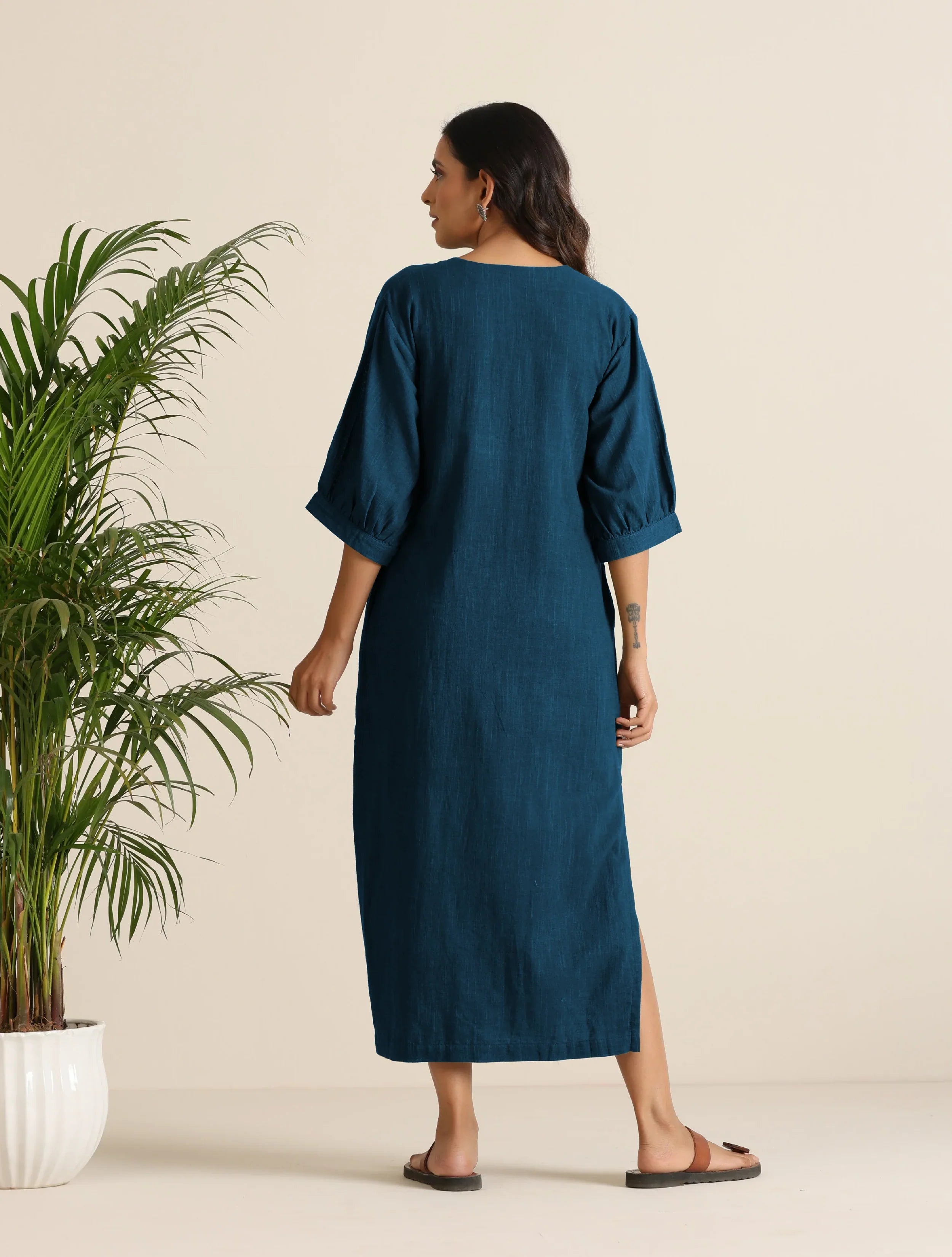 trueBrowns Blue Cotton Blend Long Dress | Grocsy