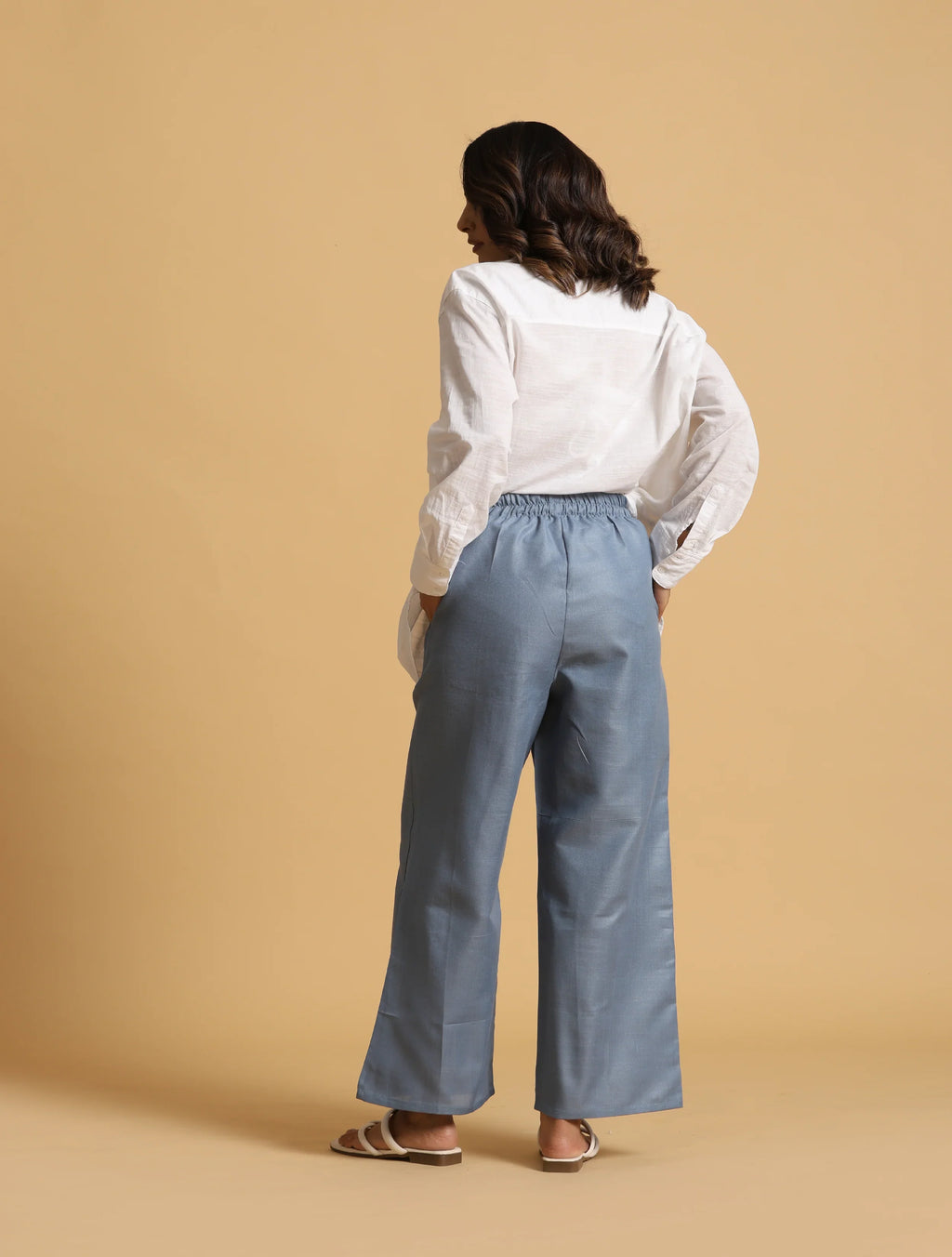 trueBrowns Blue Cotton Blend Elasticated Drawstring Straight Pants | Grocsy