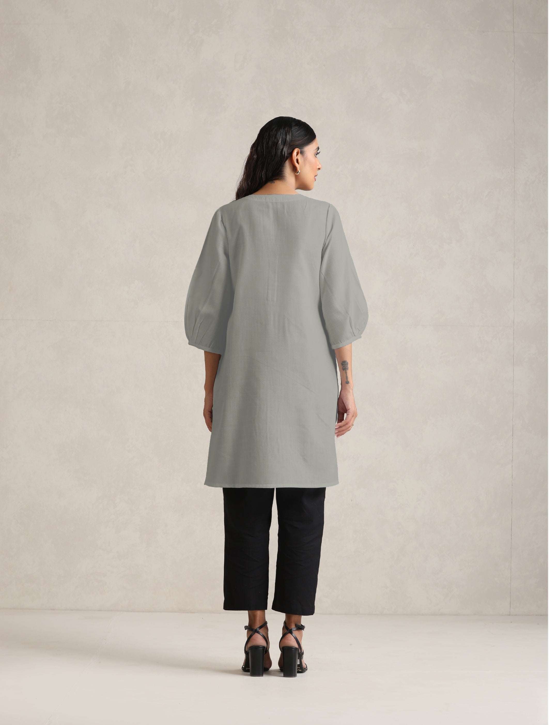 trueBrowns Grey Cotton Blend Short Kurta | Grocsy