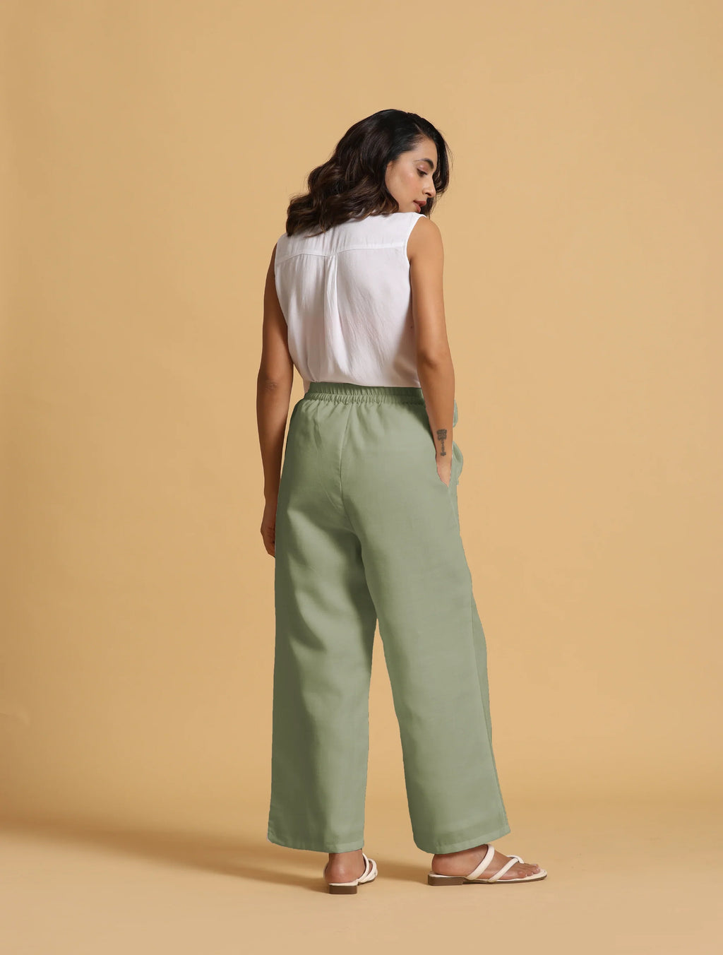 trueBrowns Mint Green Cotton Blend Elasticated Drawstring Straight Pants | Grocsy
