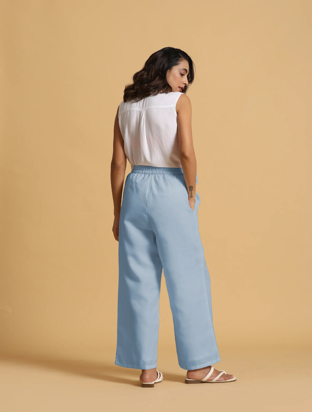 trueBrowns Light Blue Cotton Blend Straight Drawstring Pants | Grocsy