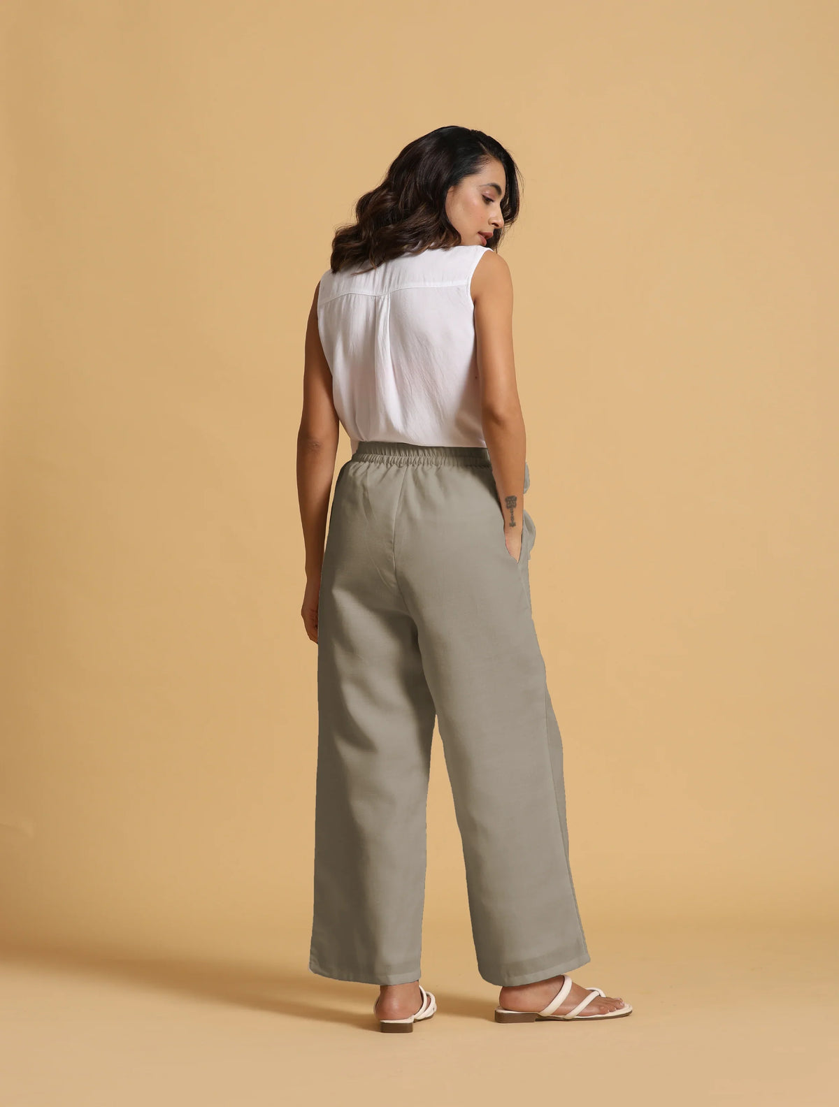 trueBrowns Grey Cotton Blend Elasticated Drawstring Straight Pants | Grocsy