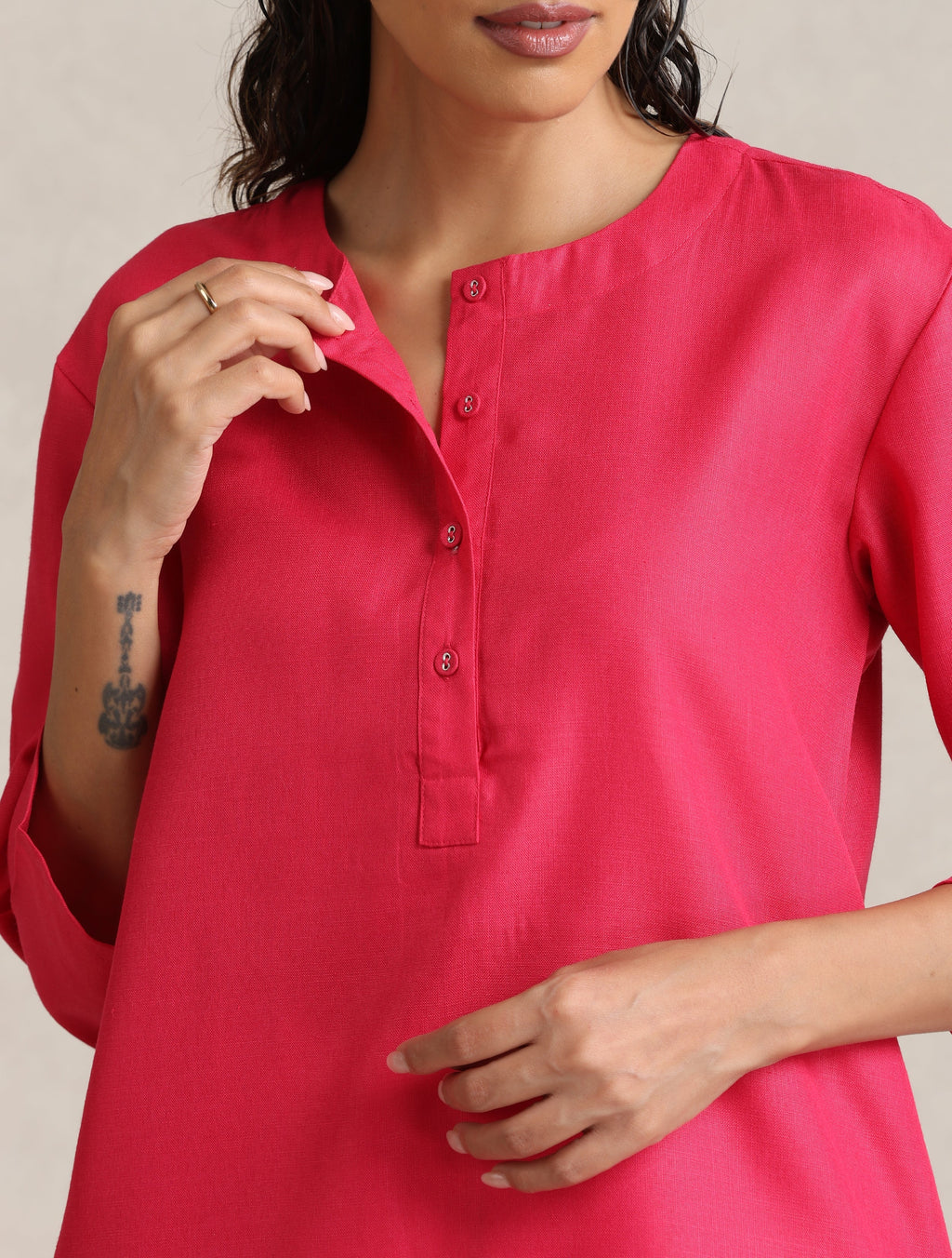 trueBrowns Fuchsia Cotton Blend Short Kurta | Grocsy