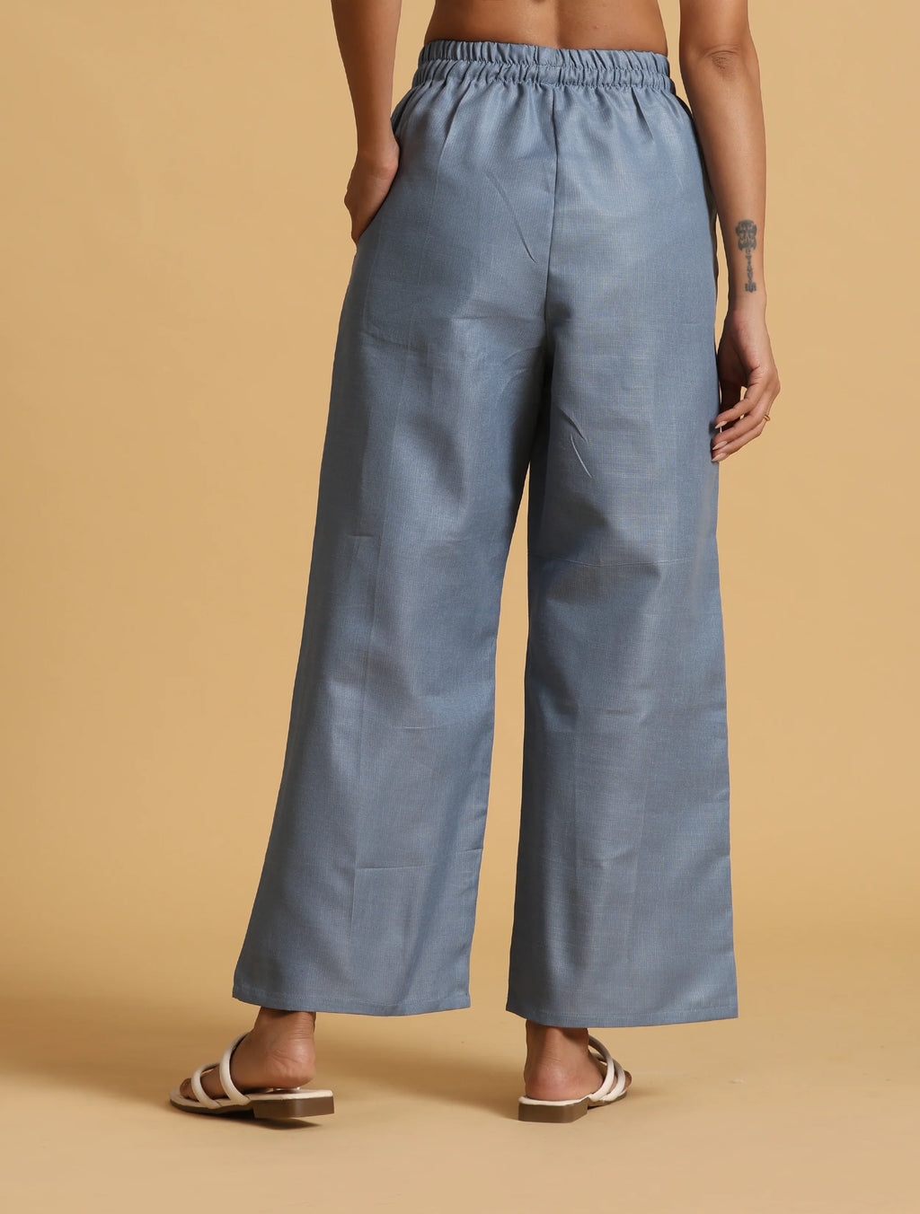 trueBrowns Blue Cotton Blend Elasticated Drawstring Straight Pants | Grocsy