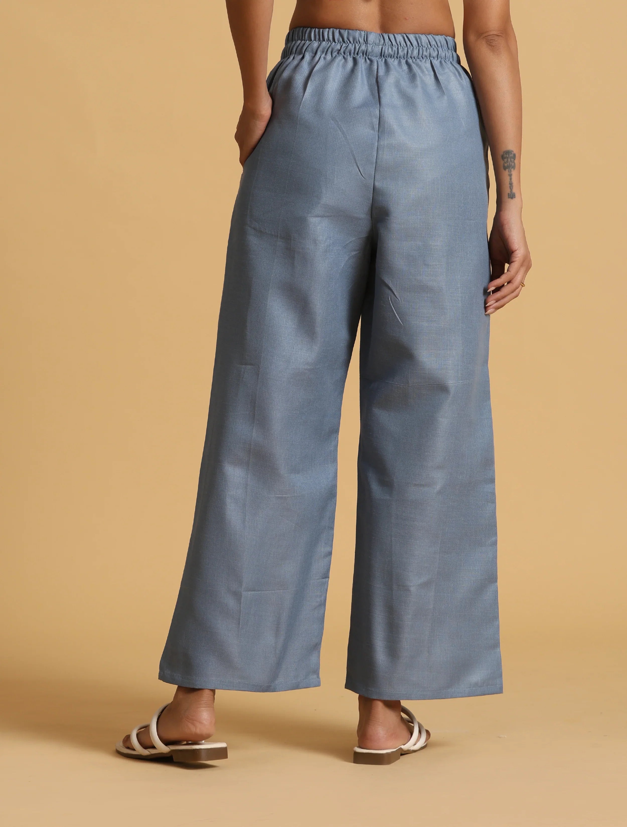 trueBrowns Blue Cotton Blend Elasticated Drawstring Straight Pants | Grocsy