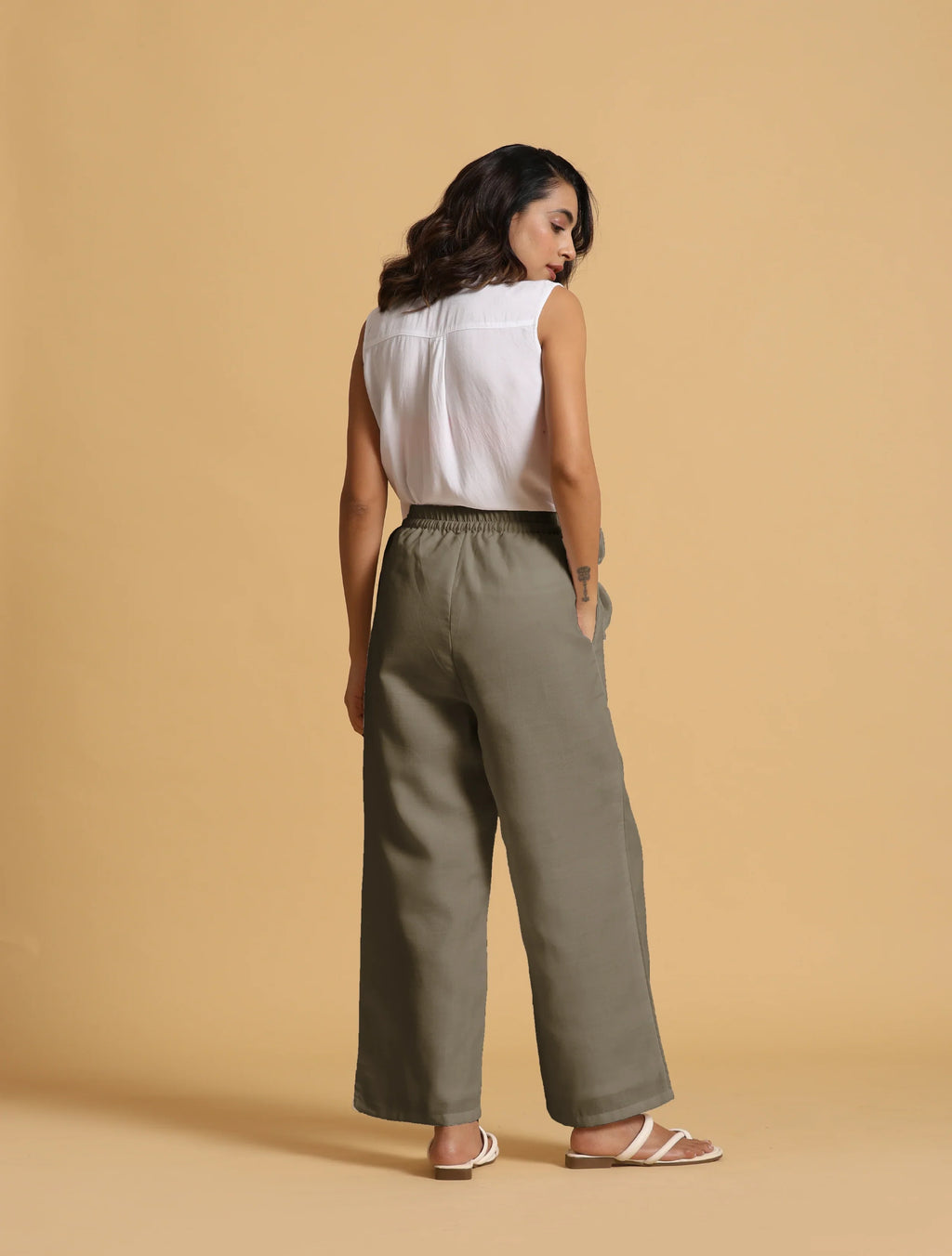trueBrowns Olive Cotton Blend Elasticated Drawstring Straight Pants | Grocsy