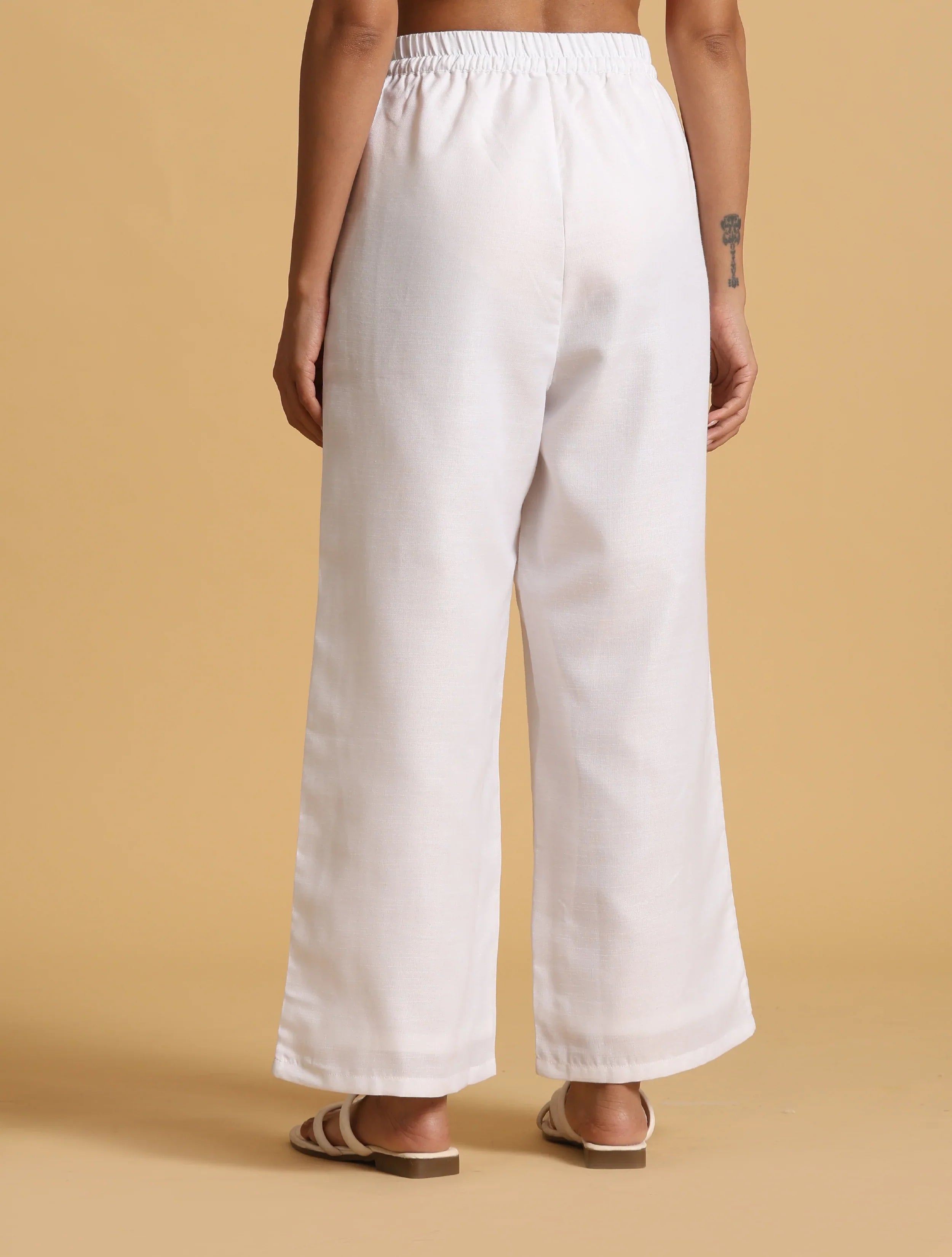 trueBrowns White Cotton Blend Elasticated Drawstring Straight Pants | Grocsy