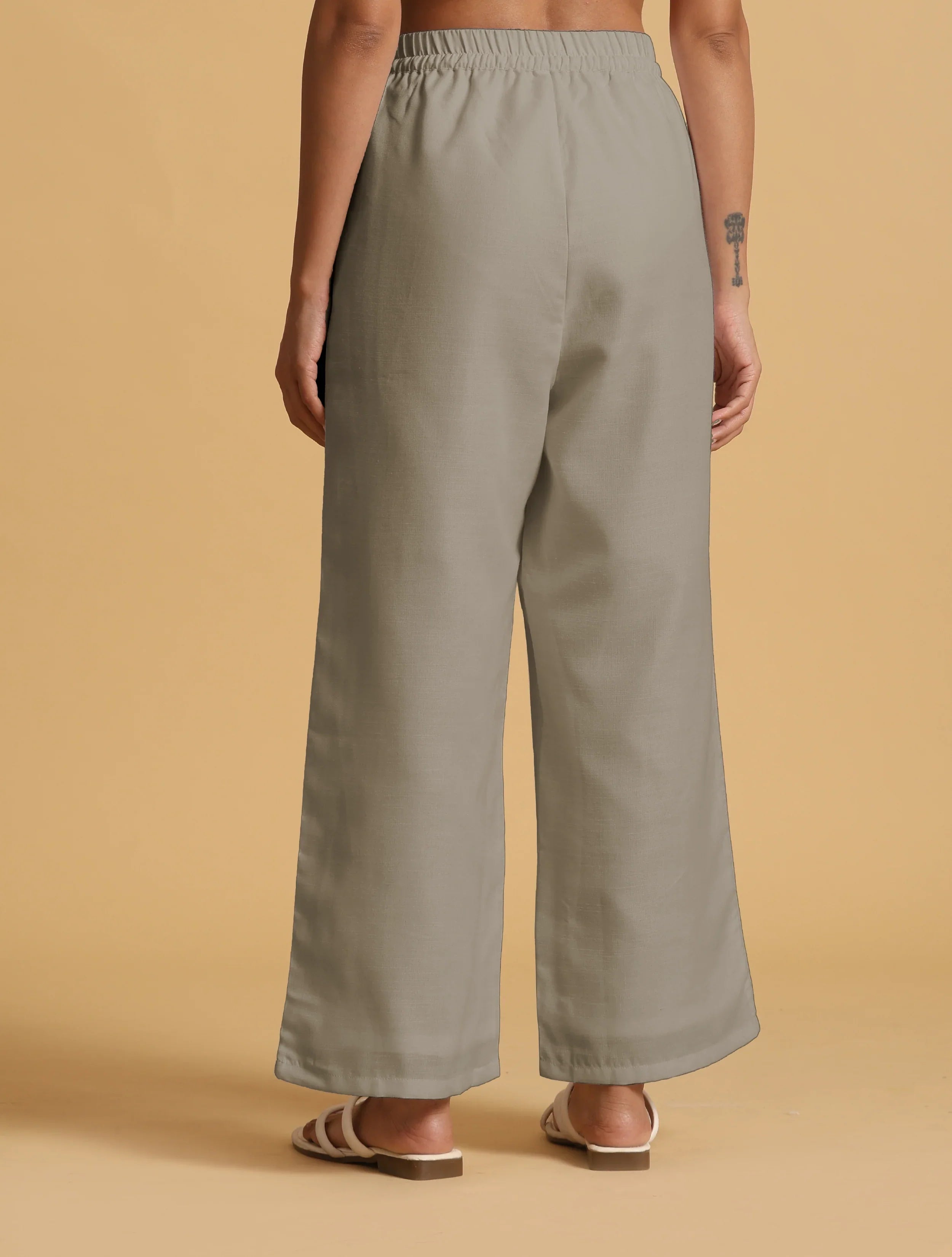 trueBrowns Grey Cotton Blend Elasticated Drawstring Straight Pants | Grocsy