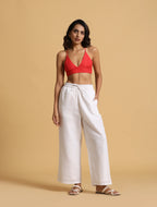 trueBrowns White Cotton Blend Elasticated Drawstring Straight Pants | Grocsy