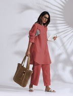 trueBrowns Pink Cotton Blend Pleated Kurta Co-ord Set | Grocsy