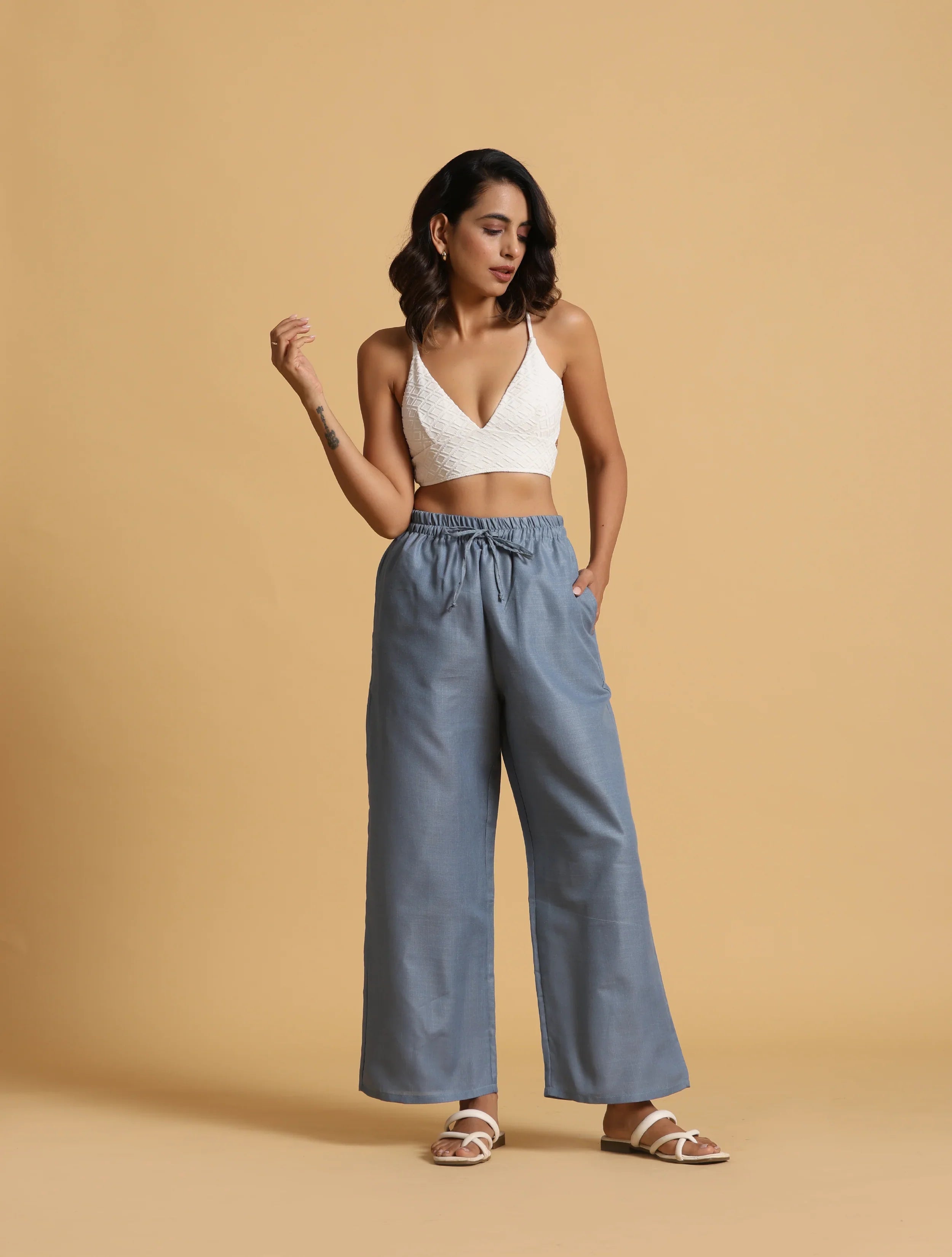 trueBrowns Blue Cotton Blend Elasticated Drawstring Straight Pants | Grocsy