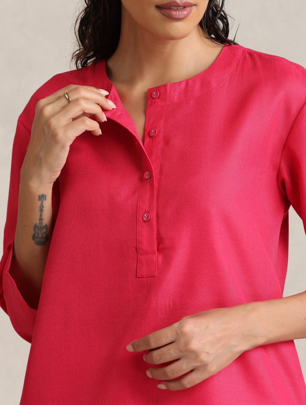 trueBrowns Fuchsia Cotton Blend Short Kurta | Grocsy
