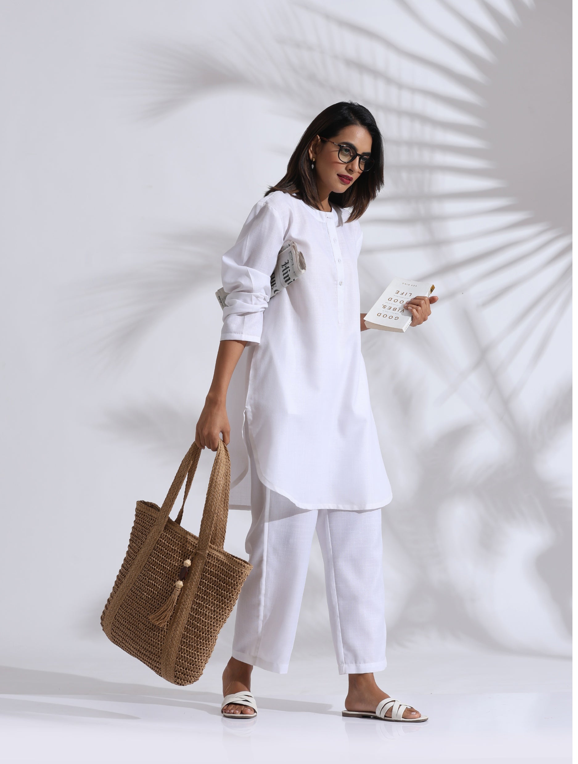 trueBrowns White Slub Kurta Co-ord Set | Grocsy