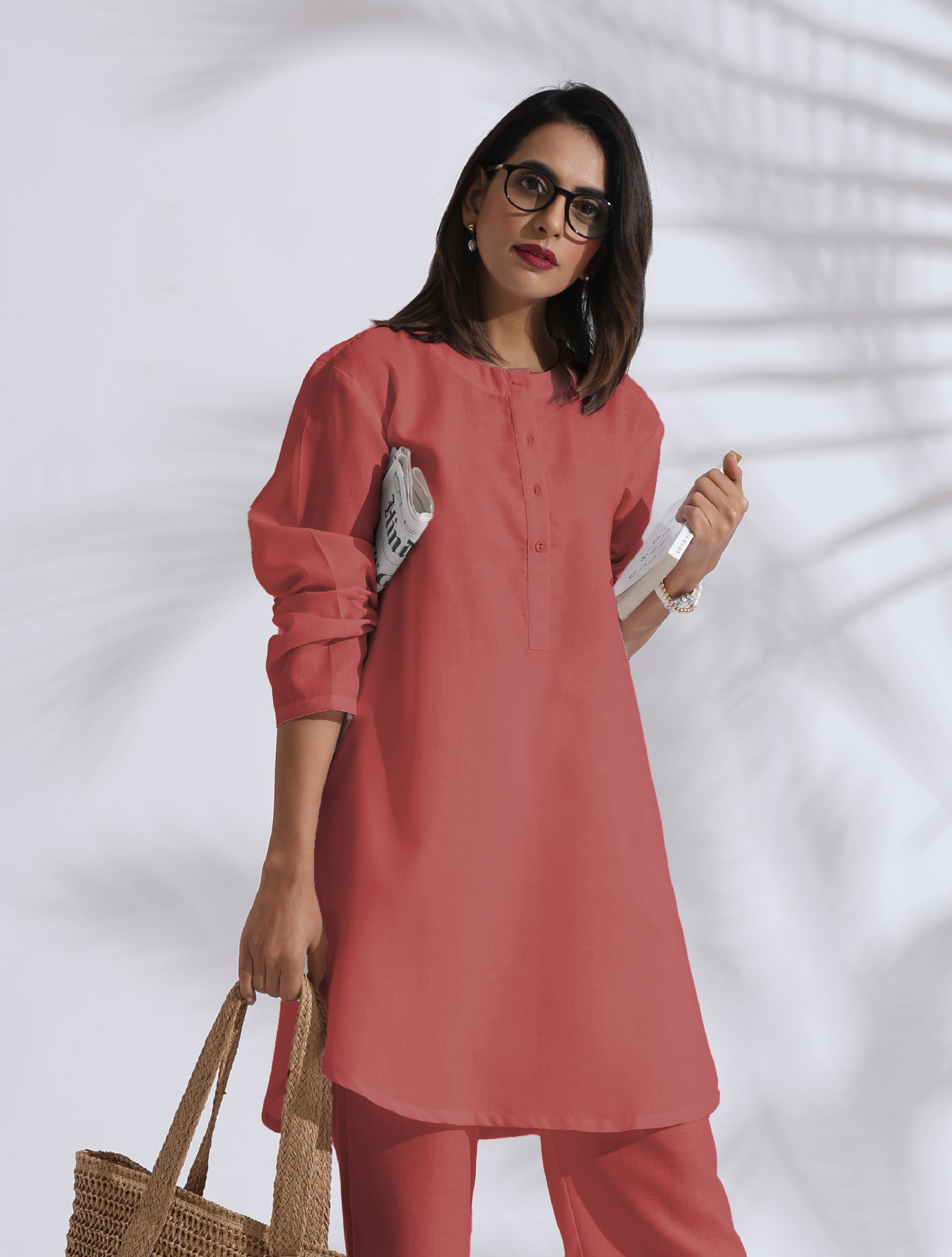 trueBrowns Pink Cotton Blend Pleated Kurta Co-ord Set | Grocsy