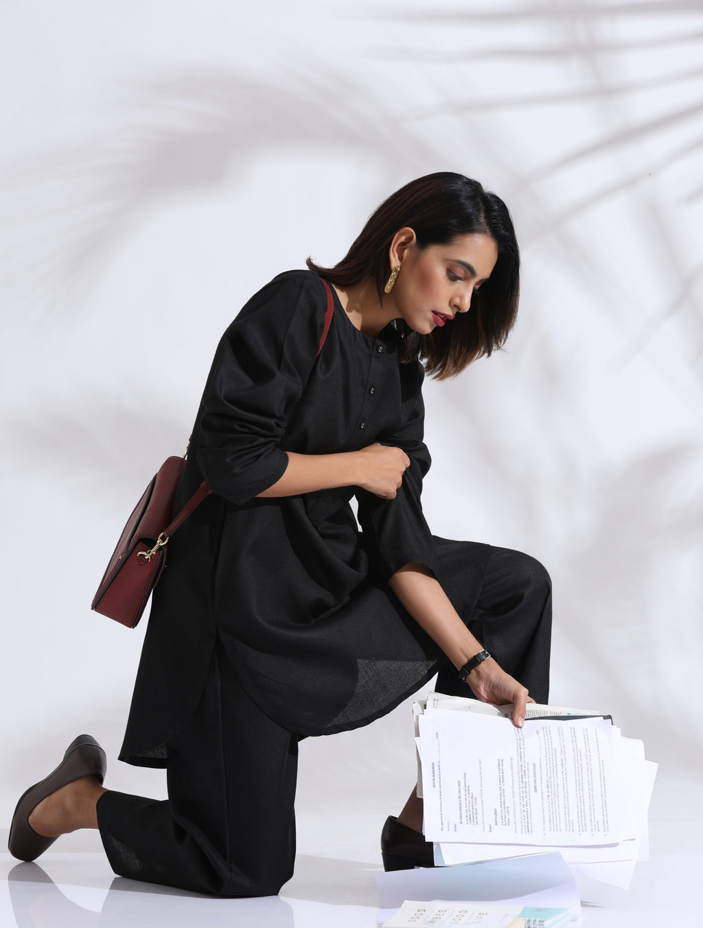 trueBrowns Black Slub Kurta Co-ord Set | Grocsy