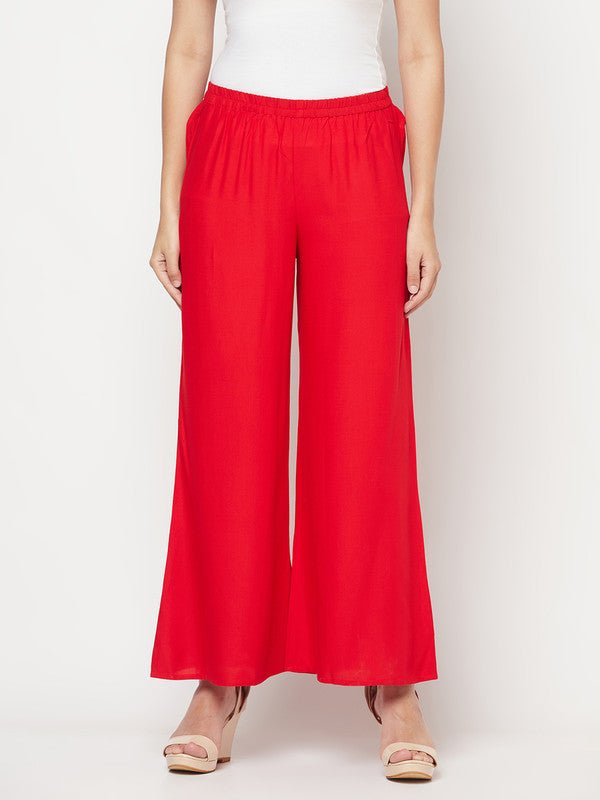 Aniyah Rayon Flared Slip-On Red Palazzo | Grocsy