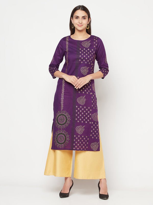 Aniyah Cotton Foil Print Purple Straight Kurta | Grocsy
