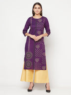 Aniyah Cotton Foil Print Purple Straight Kurta | Grocsy
