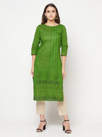 Aniyah Green Cotton Block print straight kurta | Grocsy