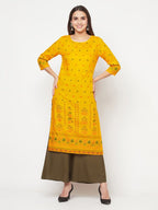 Aniyah Rayon Screen Print Mustard Straight Kurta | Grocsy