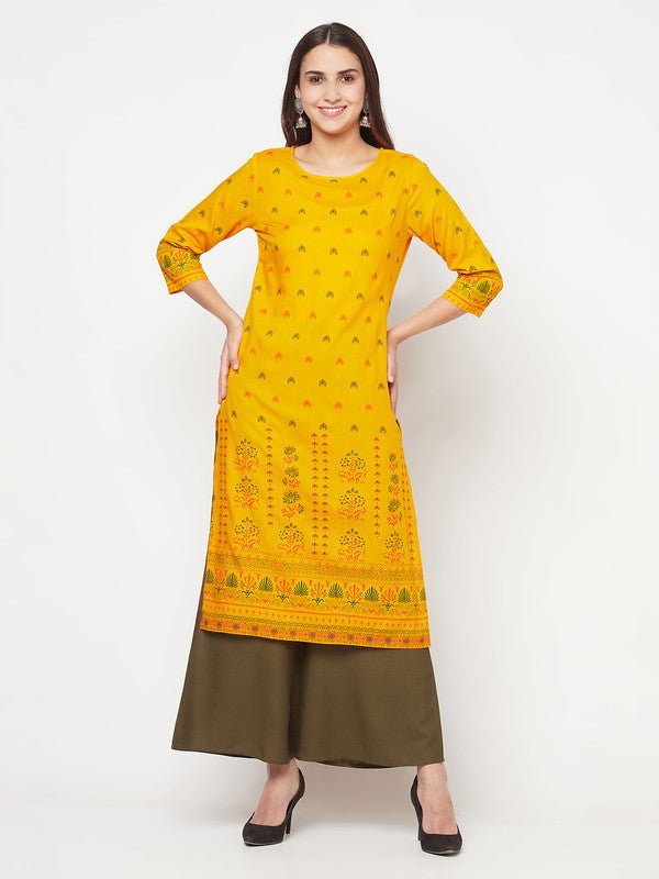 Aniyah Rayon Screen Print Mustard Straight Kurta | Grocsy