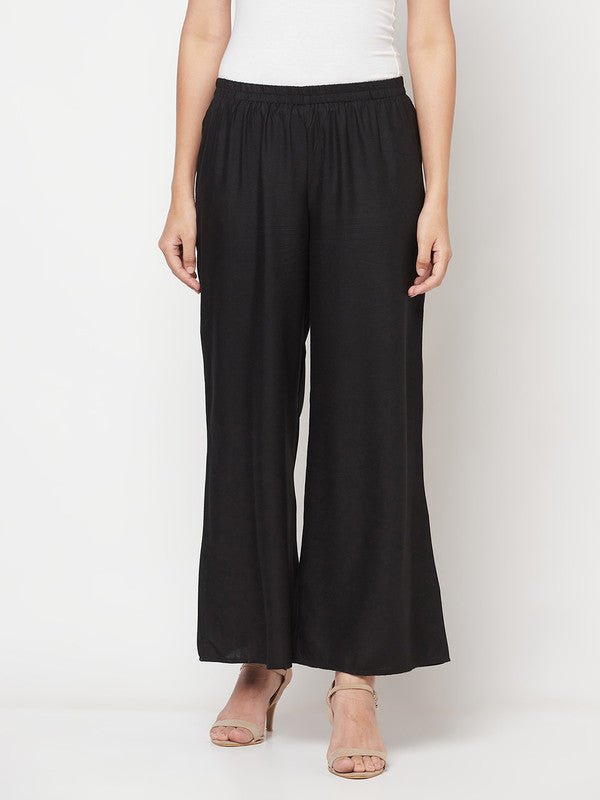 Aniyah Rayon Flared Slip-On Black Palazzo | Grocsy