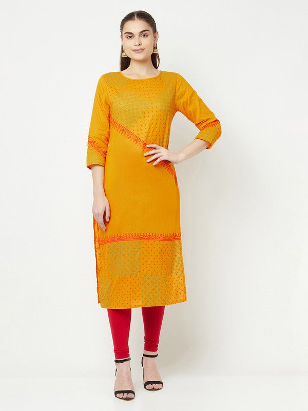 Aniyah Cotton Block Print Mustard Color Straight Kurta | Grocsy