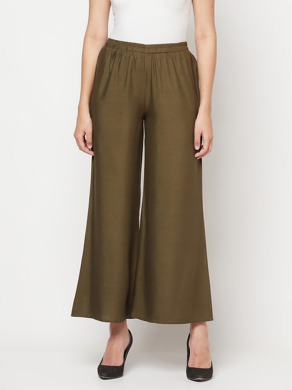 Aniyah Rayon Flared Slip-On Dark Green Palazzo | Grocsy