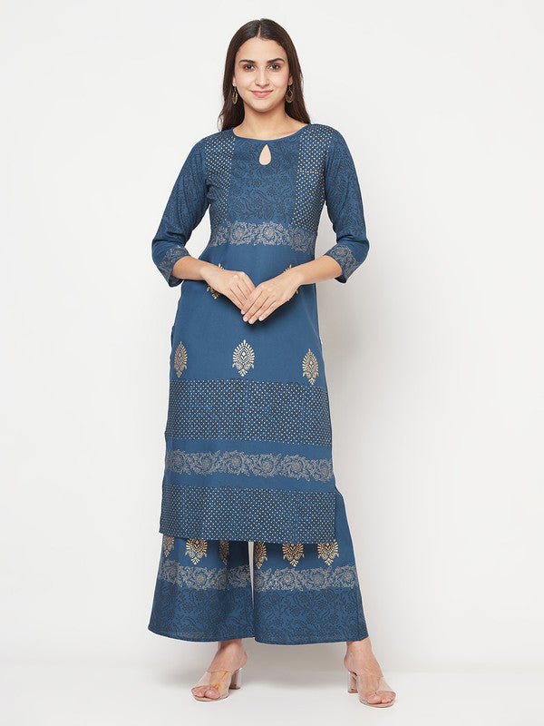 Aniyah Rayon Block Print Blue Straight Kurta Palazzo Set | Grocsy