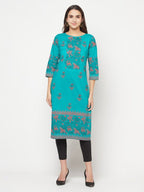 Aniyah Turquoise Cotton Block Print Straight Kurta | Grocsy