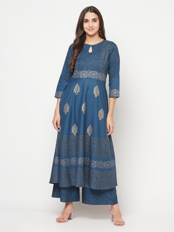 Aniyah Rayon Block Print Blue Anarkali Kurta | Grocsy