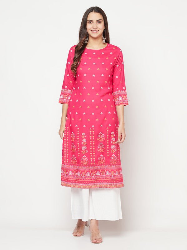 Aniyah Rayon Screen Print Fuchsia Straight Kurta | Grocsy