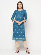 Aniyah Rayon Digital Screen Printed Blue Color Straight Kurta | Grocsy