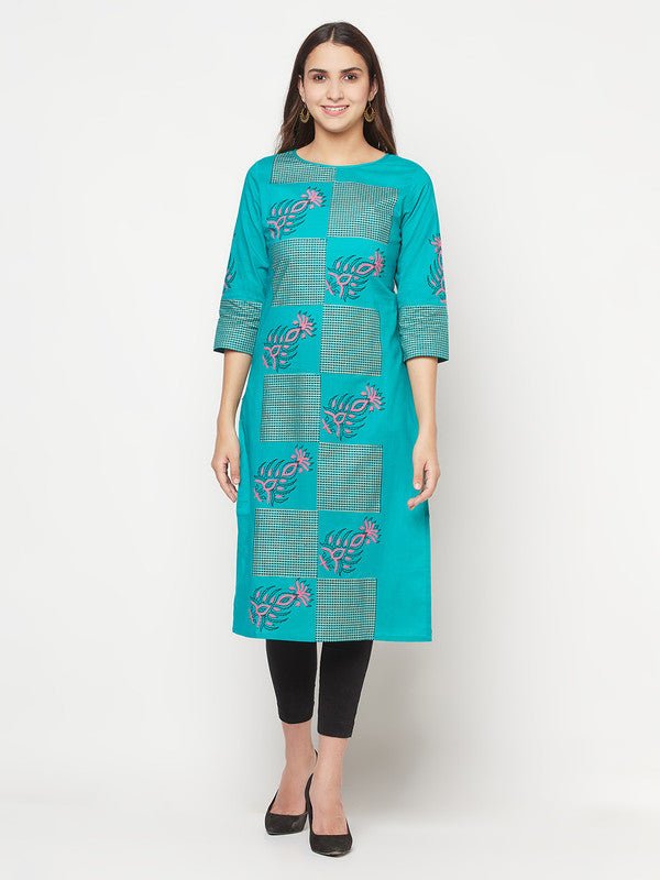 Aniyah Cotton Block Print Turquoise Straight Kurta | Grocsy