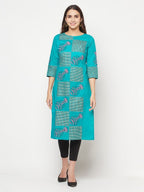 Aniyah Cotton Block Print Turquoise Straight Kurta | Grocsy