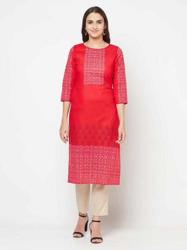 Aniyah Cotton Block Print Red Straight Kurta | Grocsy