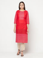 Aniyah Cotton Block Print Red Straight Kurta | Grocsy