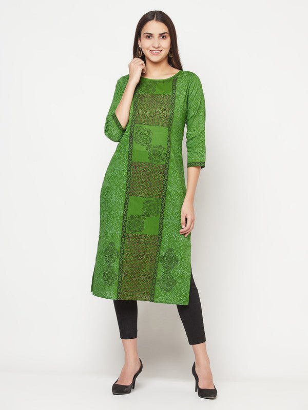 Aniyah Cotton Block Print Green Straight Kurta | Grocsy