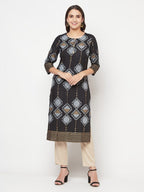 Aniyah Rayon Screen Print Black Straight Kurta | Grocsy