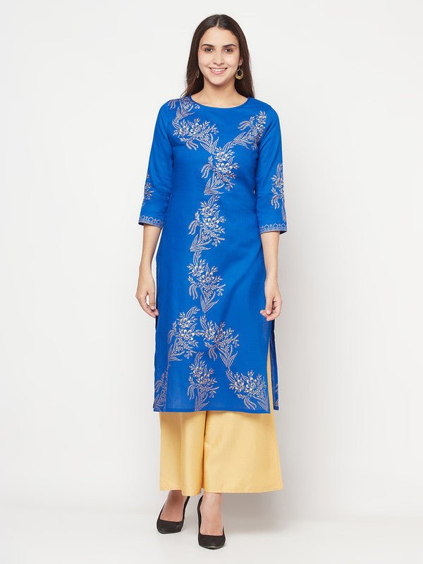 Aniyah Cotton Foil Print Royal Blue Straight Kurta | Grocsy